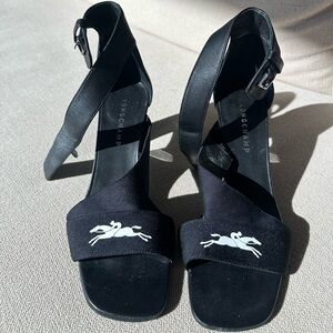 Longchamp Black Heeled Sandals with White Detail